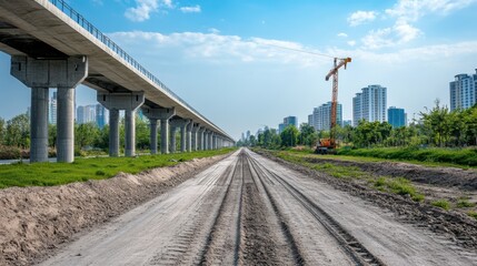Obraz premium Construction Site with Elevated Train Track and Urban Skyline Under Bright Sky and Clouds