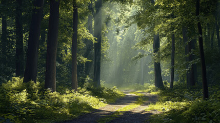 Obraz premium Scenic forest path with sunbeams filtering through trees creating a serene and idyllic atmosphere perfect for nature backgrounds and landscape photography enthusiasts