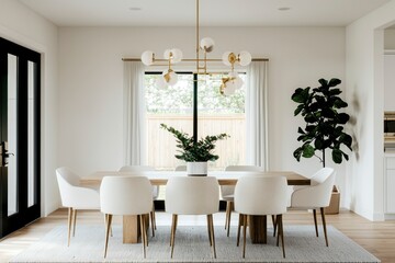 Modern dining room with white chairs, wood table, plants, and backyard view, ideal for interior design inspiration