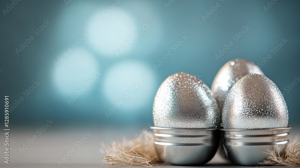 Poster three silver eggs are sitting in a tin on a table. the eggs are shiny and appear to be frosted. the 