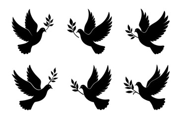 Obraz premium Set of wings. Black silhouette of a dove in flight carrying an olive branch on a transparent background