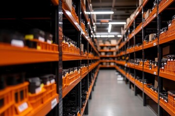 Warehouse aisle with stocked shelves, inventory management