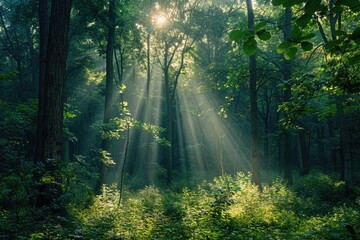 Sunbeams pierce a misty green forest, illuminating the lush undergrowth and tall trees.