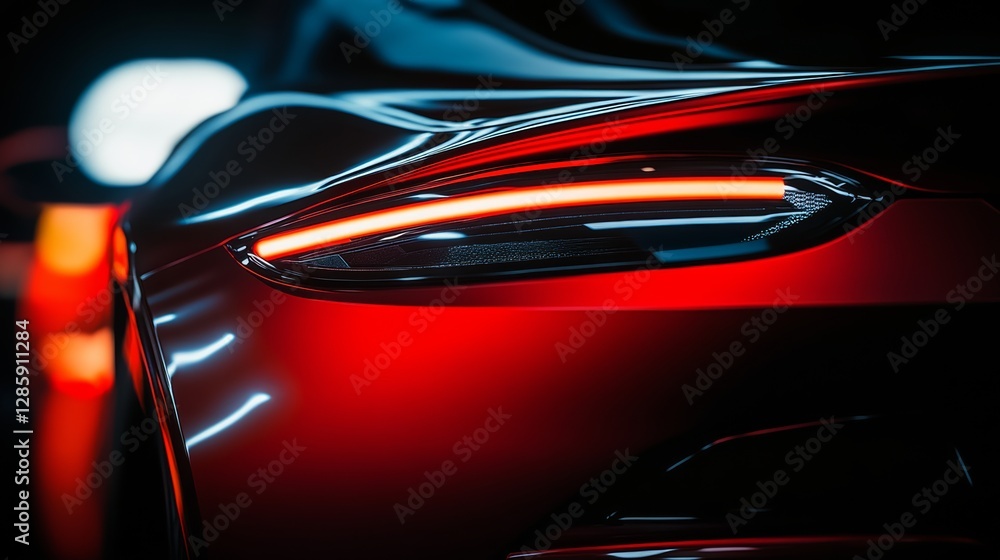 Poster close up of a red car with a shiny, reflective surface. the car is parked in front of a building wit