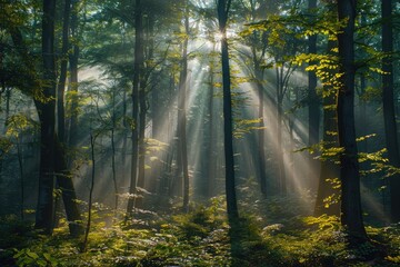 Fototapeta premium Sunbeams pierce through a misty forest, illuminating the lush green undergrowth and tall trees.