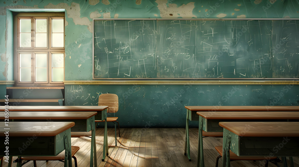 Aufkleber abandoned classroom with empty desks and chalkboard, sunlight filtering through window, nostalgic at