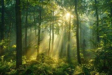 Naklejka premium Sunbeams pierce through a misty green forest, illuminating the lush undergrowth and tall trees.