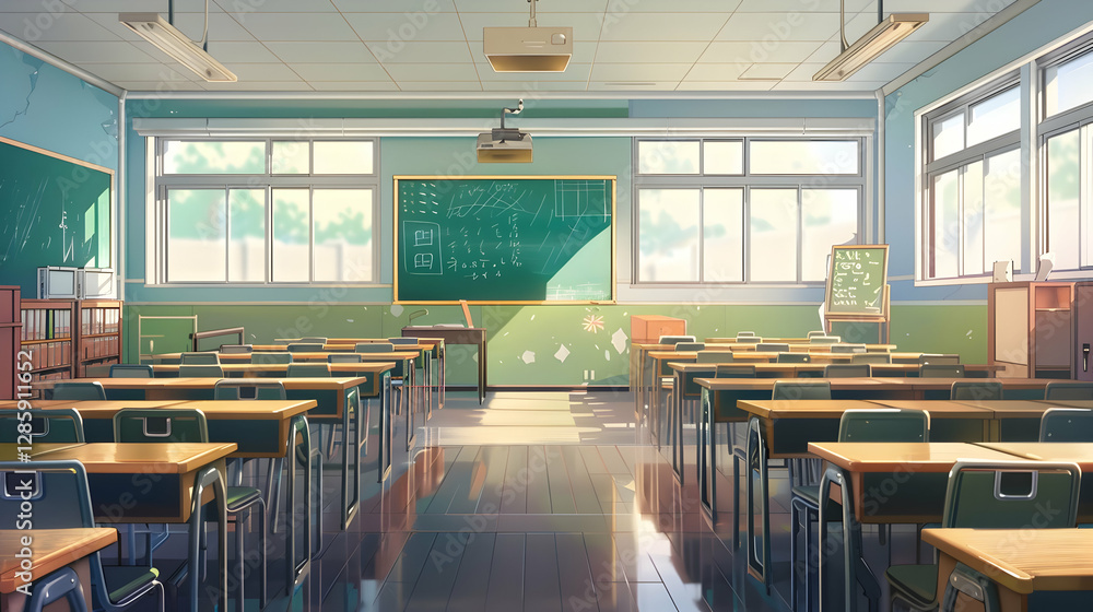 Poster bright and inviting classroom setting with empty desks, chalkboards, and sunlight streaming in