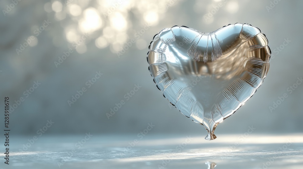 Poster a 3d heart-shaped balloon, sparkling silver, gently floating in front of a white background with sof