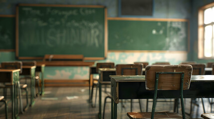 Empty classroom with wooden desks and chalkboard, sunlight streaming through windows (2)