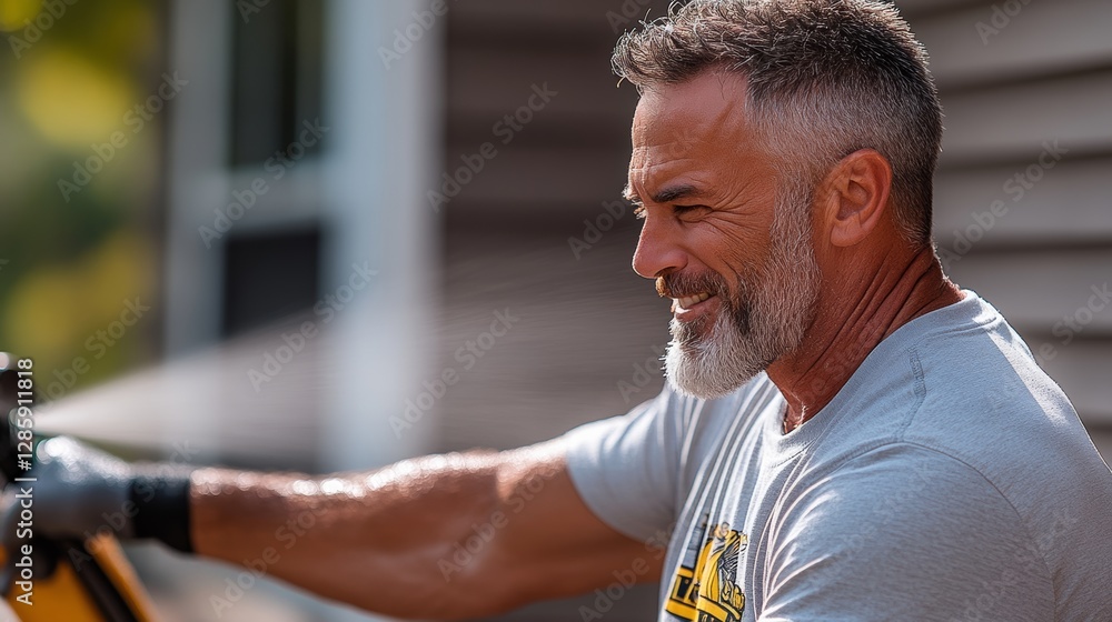 Poster man with a beard and gray hair is spraying water on a car. he is smiling and he is enjoying the task