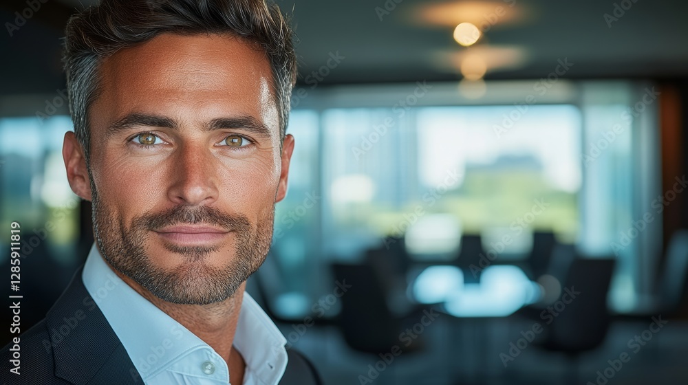 Aufkleber man with a beard and glasses is standing in front of a window. he is wearing a suit and tie