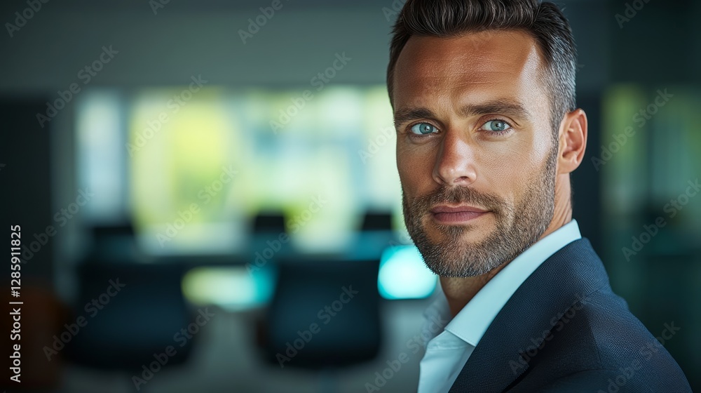 Poster man in a suit and tie is standing in front of a window. he has a serious expression on his face