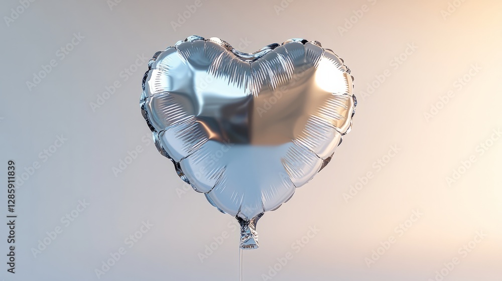 Poster a 3d heart-shaped balloon, sparkling silver, gently floating in front of a white background with sof