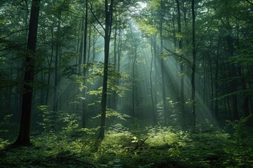 Obraz premium Sunbeams pierce through a misty, lush green forest, illuminating the undergrowth.