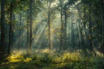 Obraz premium Sunbeams pierce a misty forest, illuminating the lush green undergrowth and tall trees.
