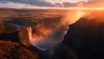 Fototapeta premium Waterfall cascading into canyon at sunset, aerial view, ideal for nature projects