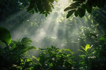 Fototapeta premium Sunbeams pierce through lush green tropical foliage, creating a mystical, atmospheric scene.
