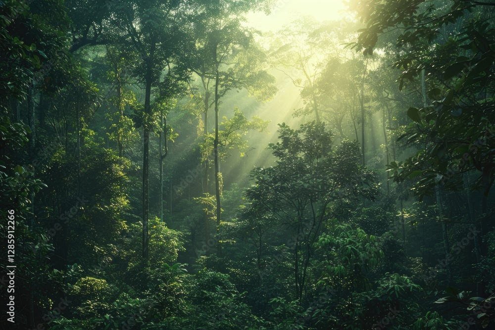 Poster sunbeams pierce through a dense, mystical rainforest, creating an ethereal and enchanting atmosphere