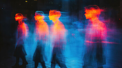 Obraz premium Against a black background, four blurry silhouettes walk in the same direction, their heads tilted, illuminated by neon light creating a vibrant effect on their faces.