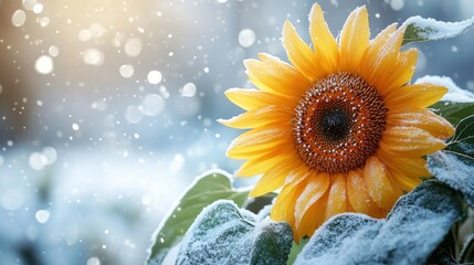 Snow-covered sunflower in winter garden