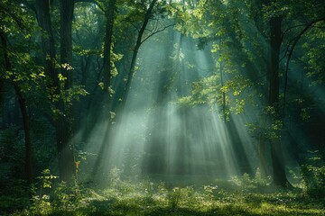 Obraz premium Sunbeams pierce a misty green forest, illuminating the lush undergrowth and creating a magical atmosphere.