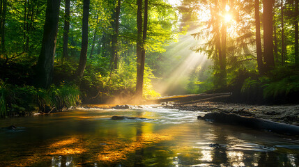 Obraz premium Beautiful summer forest landscape with a clear stream and sunrays shining through the trees