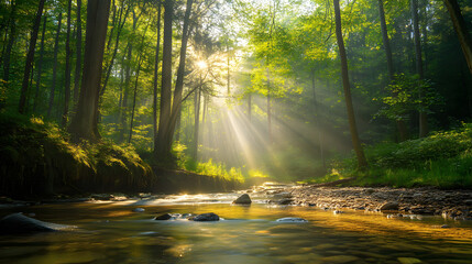 Beautiful summer forest landscape with a clear stream and sunrays shining through the trees