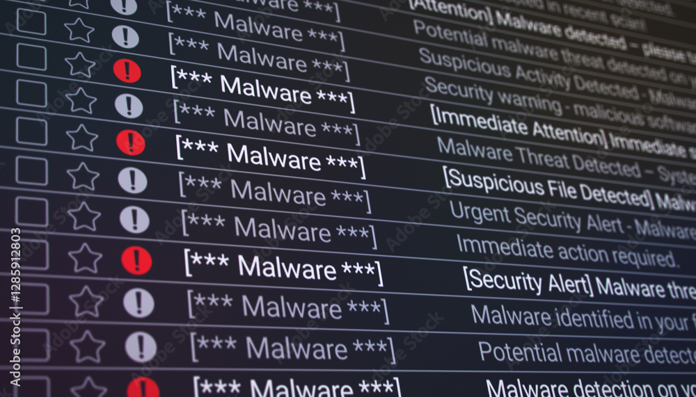 Poster illustration of a list in the internet browser with detected malware emails - close-up.