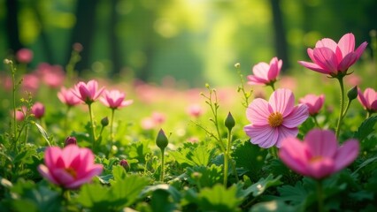 A Serene Meadow of Delicate Pink Blossoms Bathed in the Warm Glow of Sunrise