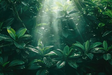 Sunbeams pierce through lush, dark green foliage, creating a mystical, jungle-like atmosphere.