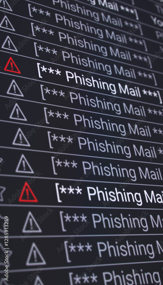 Poster vertical illustration of a list in the internet browser with detected phishing emails - close-up.
