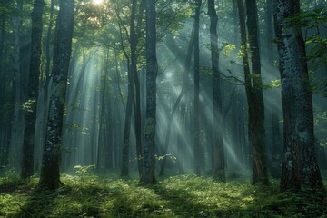 Obraz premium Sunbeams pierce a mystical fog-laden forest, illuminating tall trees and lush green undergrowth.