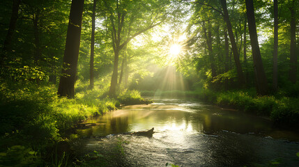 Obraz premium Beautiful summer forest landscape with a clear stream and sunrays shining through the trees