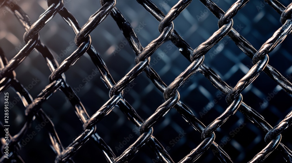 Aufkleber close up of a chain link fence with a dark blue background. the fence is made of metal and has a rou