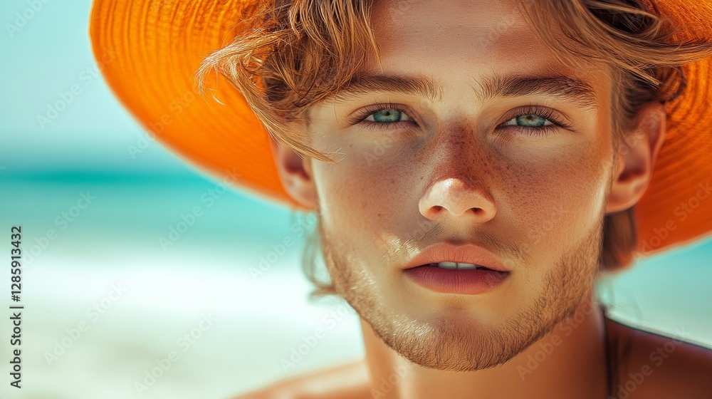 Poster man with a beard and a hat is smiling at the camera. the hat is orange and the man is wearing a shir