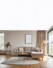 Light living room interior with sofa and table, window and mockup frame