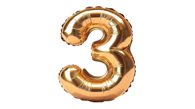 Large gold foil balloon shaped like the number three for birthday or celebration decor