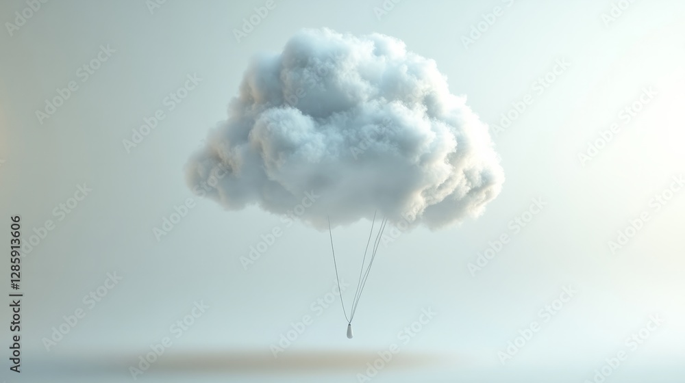 Poster a 3d model of a balloon shaped like a cloud, white and fluffy, against a white background with soft 
