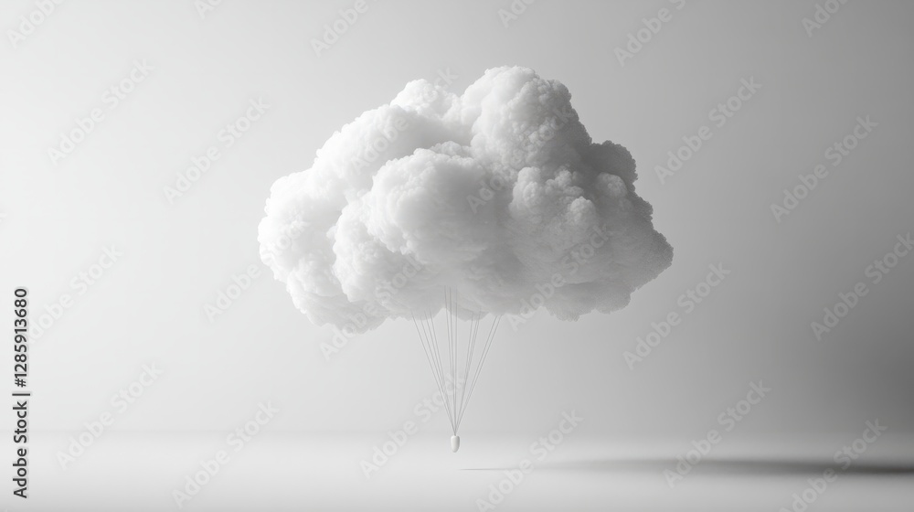 Poster a 3d model of a balloon shaped like a cloud, white and fluffy, against a white background with soft 