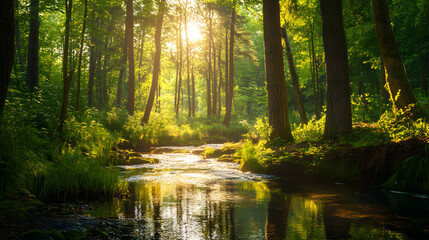 Beautiful summer forest landscape with a clear stream and sunrays shining through the trees