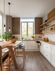 Fototapeta premium Light kitchen set interior with island and seats, shelves and kitchenware, window