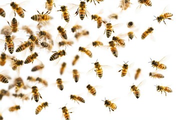mesmerizing swarm formation of honey bees in flight intricate patterns against pure white detailed macro photography showing individual bees
