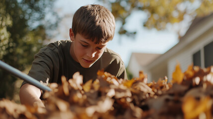 Teenager raking leaves in the backyard ready for jumping