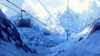 An empty chairlift moving through a snowy mountain.
