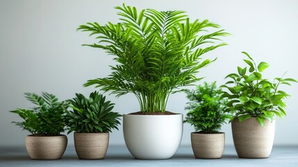 Fototapeta premium Collection of potted plants are arranged on a table, with one of them being a palm tree. The plants are of various sizes and shapes, and they are placed in different pots. The table is made of wood