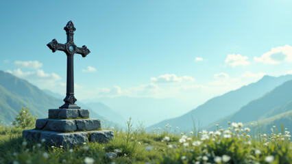 A weathered cross stands atop a small rock outcropping, surrounded by wildflowers and overlooking a mountain landscape under a clear sky.