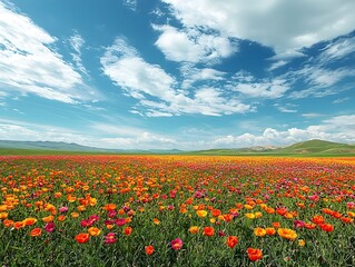 Obraz premium Vast Colorful Wildflower Meadow Under Bright Blue Sky in Serene Landscape