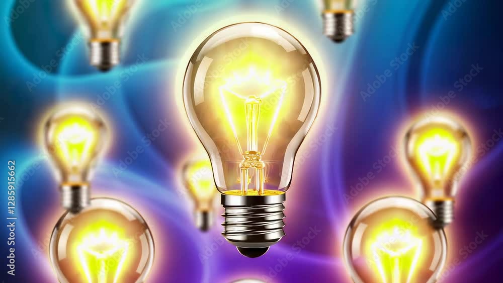 Poster light bulbs are turning on one after another, symbolizing the birth and development of new ideas, ag