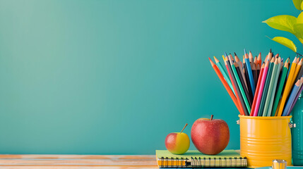 Colorful stationery and fresh fruits on a desk with a vibrant background, ideal for education